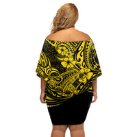 Hawaii Shark Family Matching Off Shoulder Short Dress and Hawaiian Shirt Polynesian Pattern Yellow Version LT01 - Polynesian Pride