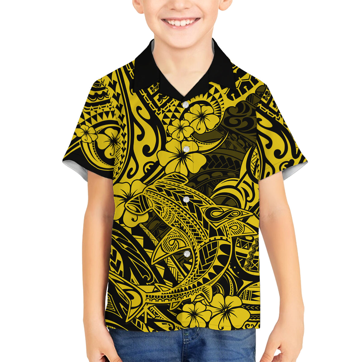 Hawaii Shark Family Matching Puletasi Dress and Hawaiian Shirt Polynesian Pattern Yellow Version LT01 Son's Shirt Yellow - Polynesian Pride