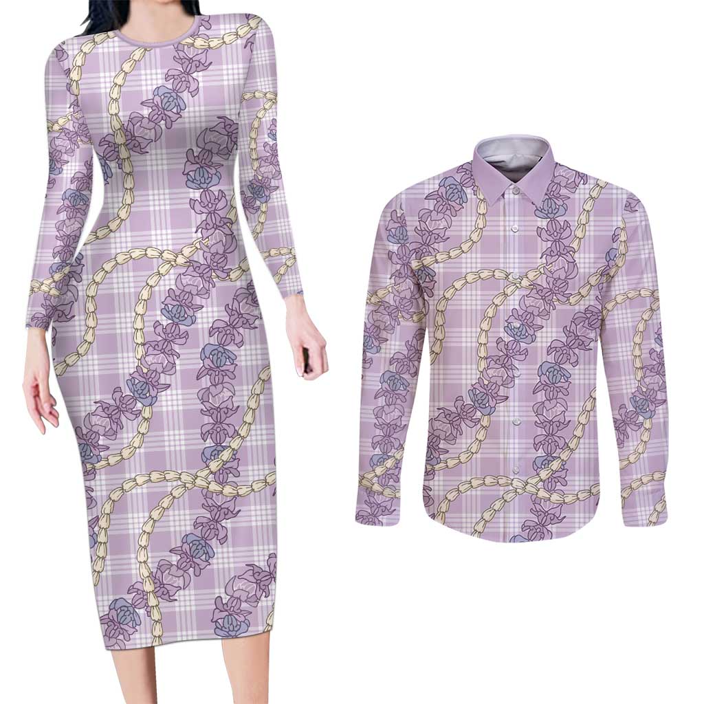 Pua Kalaunu Lei Couples Matching Long Sleeve Bodycon Dress and Long Sleeve Button Shirt Palaka Pattern