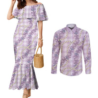 Pua Kalaunu Lei Couples Matching Mermaid Dress and Long Sleeve Button Shirt Palaka Pattern
