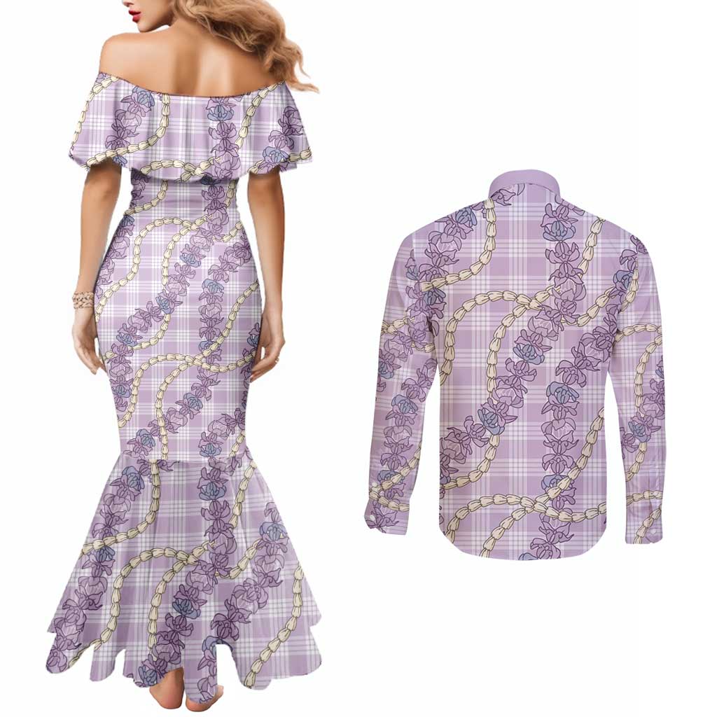 Pua Kalaunu Lei Couples Matching Mermaid Dress and Long Sleeve Button Shirt Palaka Pattern