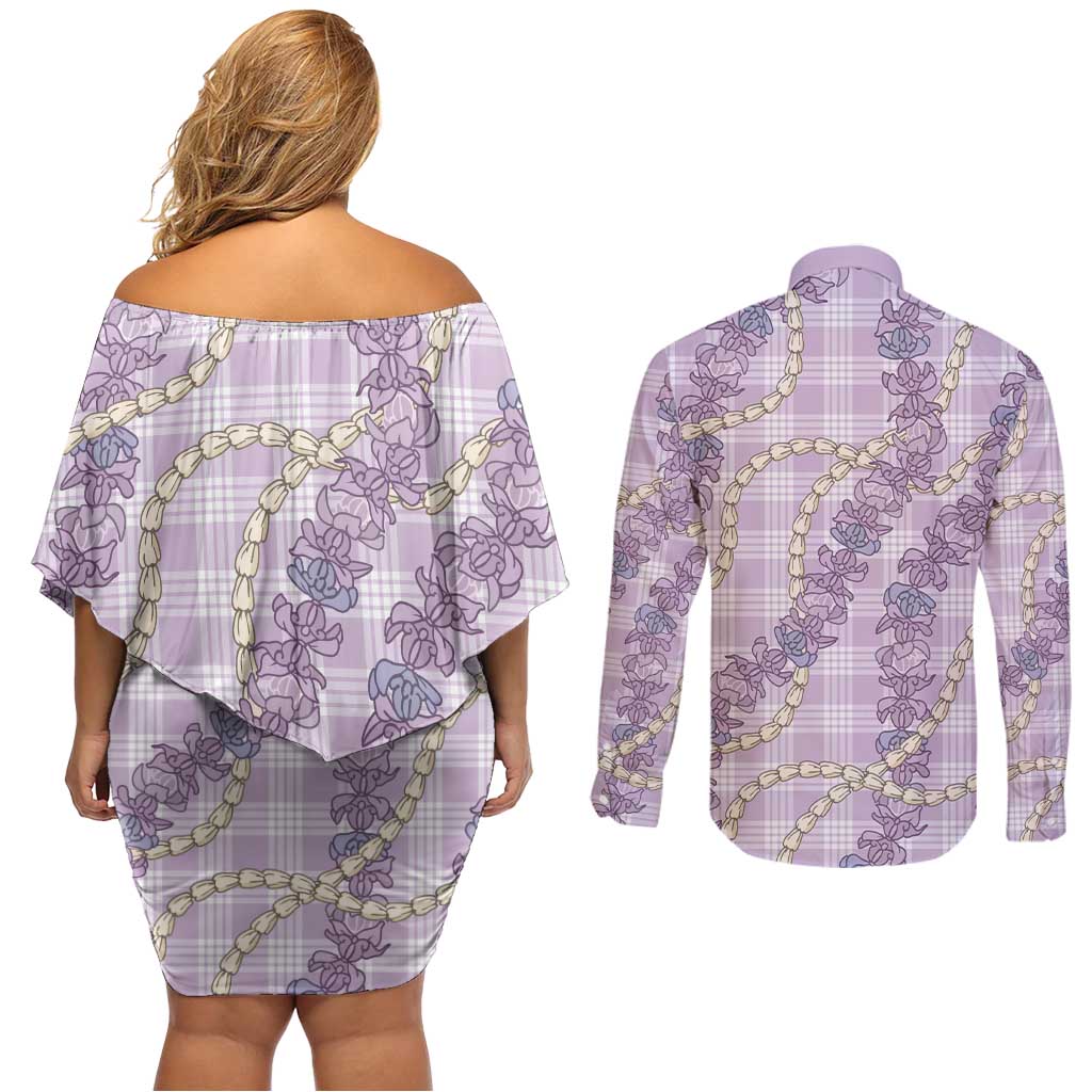 Pua Kalaunu Lei Couples Matching Off Shoulder Short Dress and Long Sleeve Button Shirt Palaka Pattern