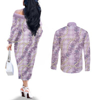 Pua Kalaunu Lei Couples Matching Off The Shoulder Long Sleeve Dress and Long Sleeve Button Shirt Palaka Pattern