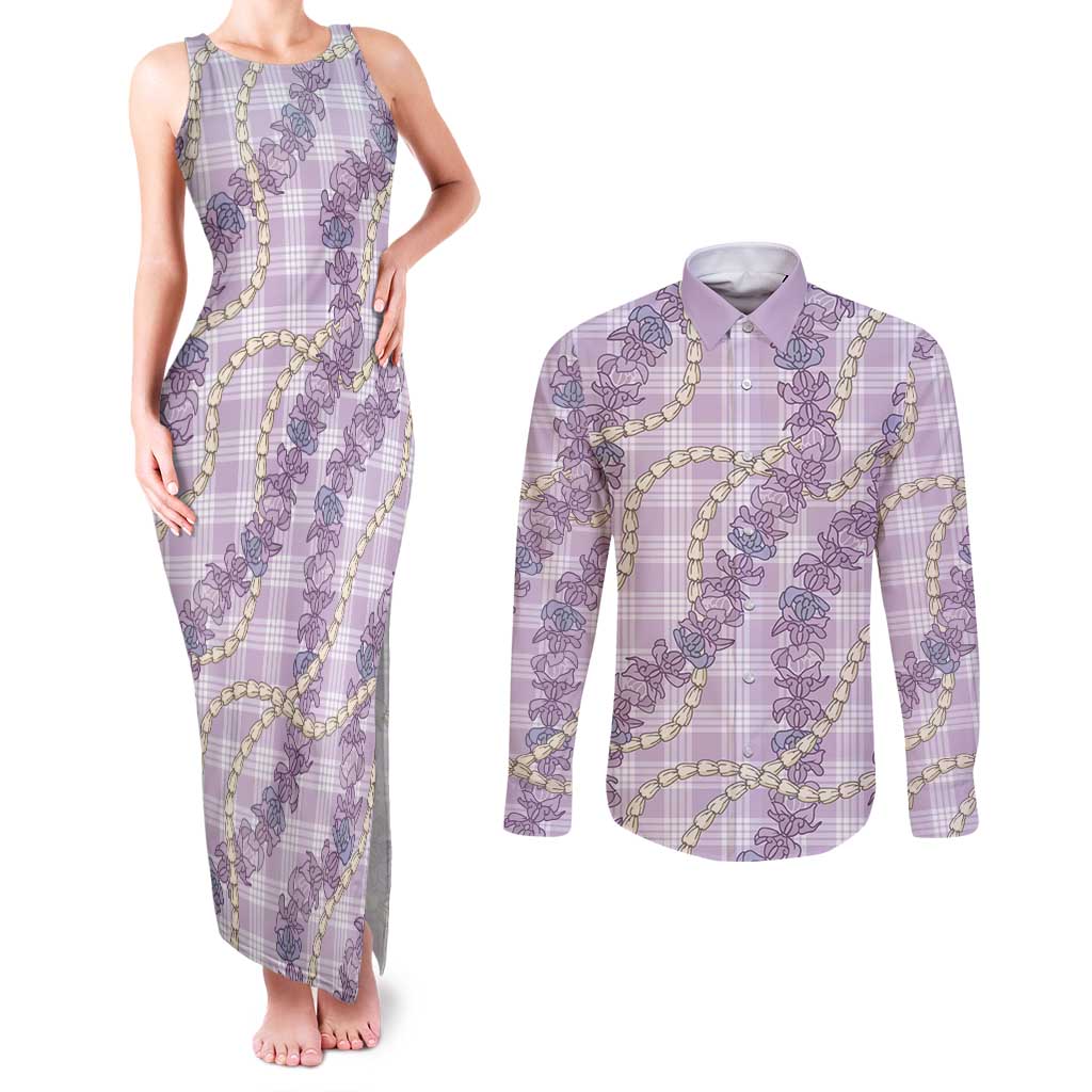 Pua Kalaunu Lei Couples Matching Tank Maxi Dress and Long Sleeve Button Shirt Palaka Pattern