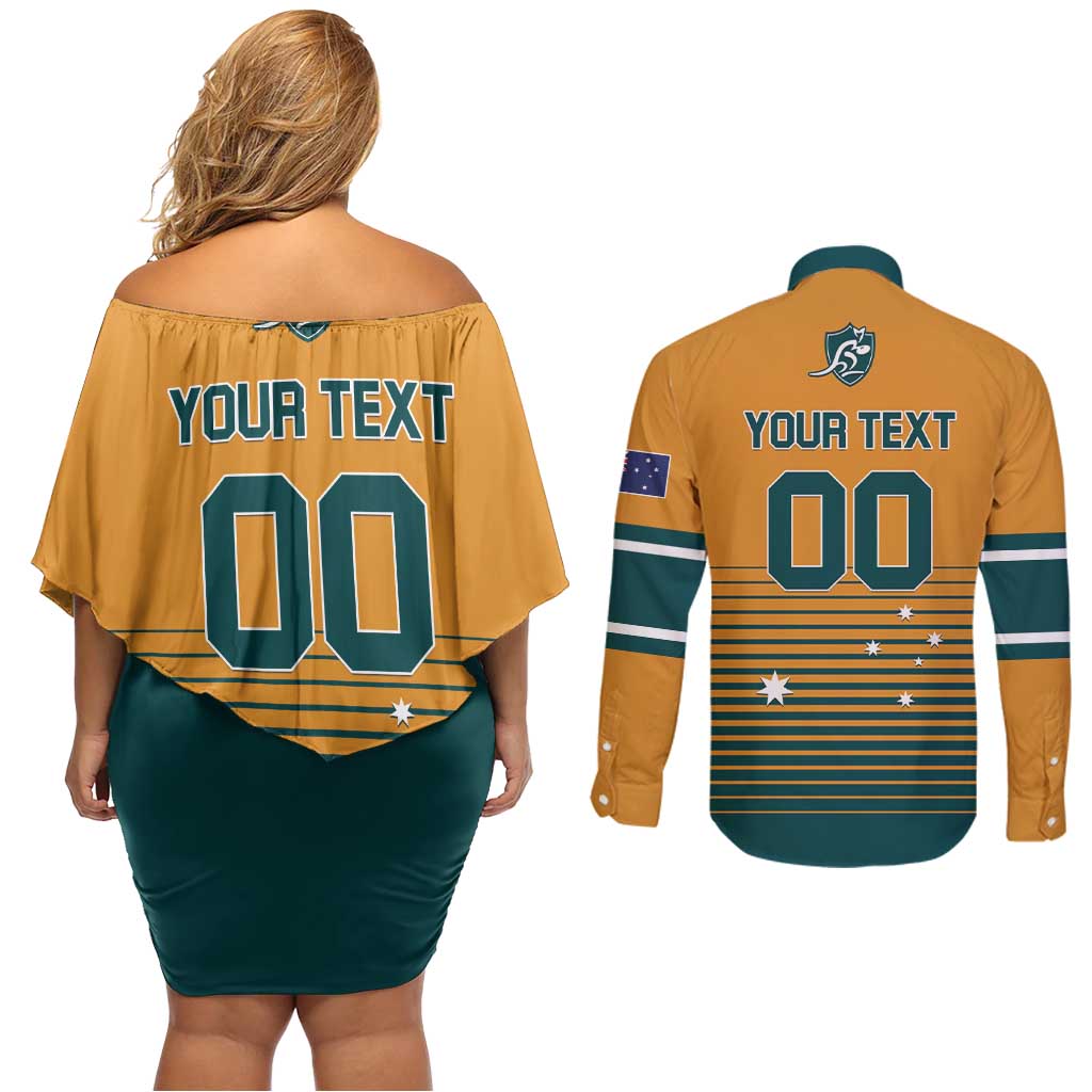 Custom Rugby Australia Couples Matching Off Shoulder Short Dress and Long Sleeve Button Shirt Junior Wallabies Go Champions