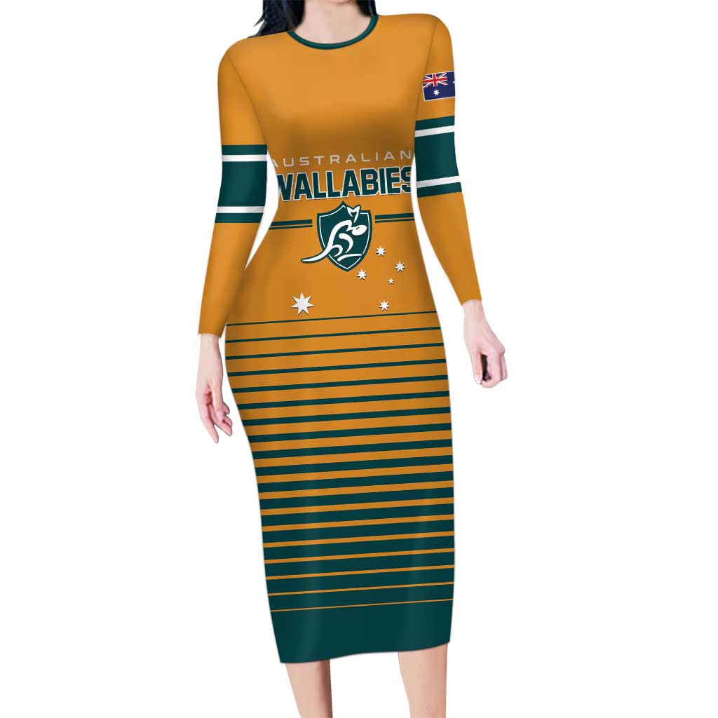Custom Rugby Australia Family Matching Long Sleeve Bodycon Dress and Hawaiian Shirt Junior Wallabies Go Champions LT01 Mom's Dress Yellow - Polynesian Pride