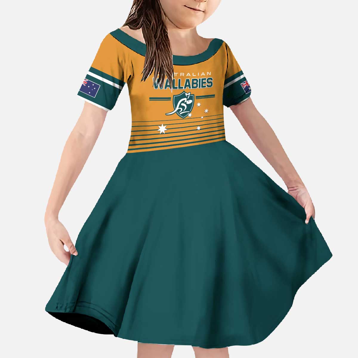 Custom Rugby Australia Family Matching Off The Shoulder Long Sleeve Dress and Hawaiian Shirt Junior Wallabies Go Champions LT01 Daughter's Dress Yellow - Polynesian Pride
