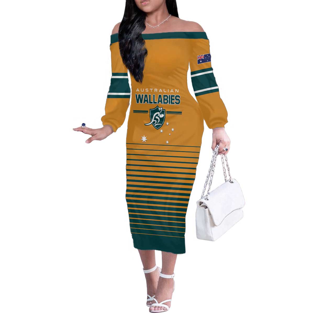 Custom Rugby Australia Family Matching Off The Shoulder Long Sleeve Dress and Hawaiian Shirt Junior Wallabies Go Champions LT01 Mom's Dress Yellow - Polynesian Pride