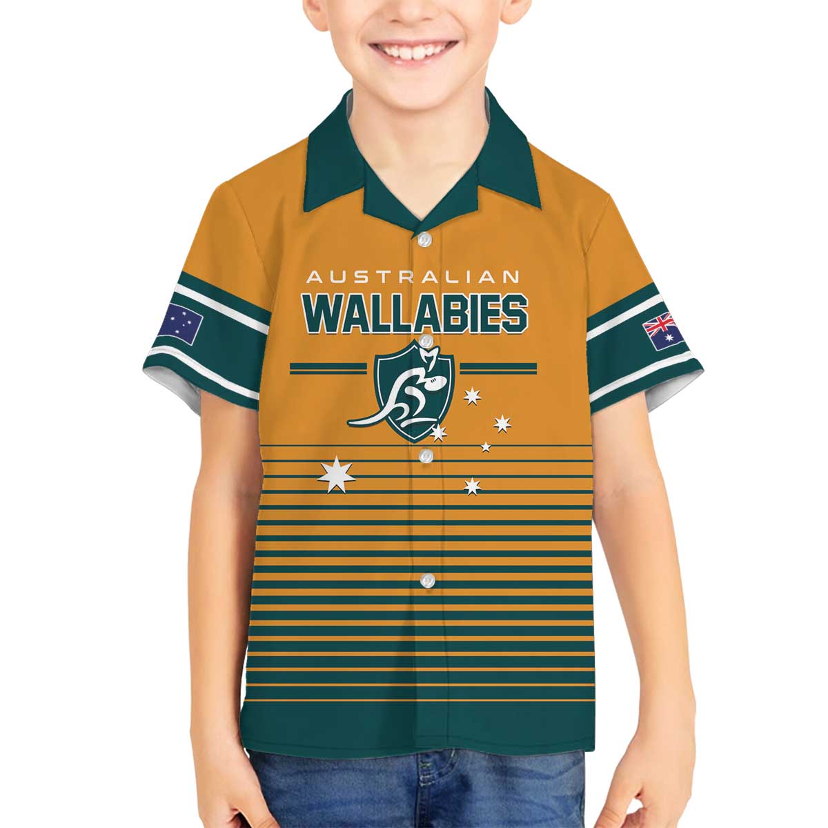 Custom Rugby Australia Family Matching Off The Shoulder Long Sleeve Dress and Hawaiian Shirt Junior Wallabies Go Champions LT01 Son's Shirt Yellow - Polynesian Pride