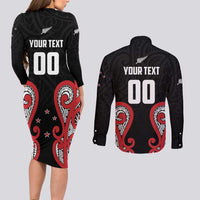 Custom Rugby New Zealand Couples Matching Long Sleeve Bodycon Dress and Long Sleeve Button Shirt Baby Black Go Champions