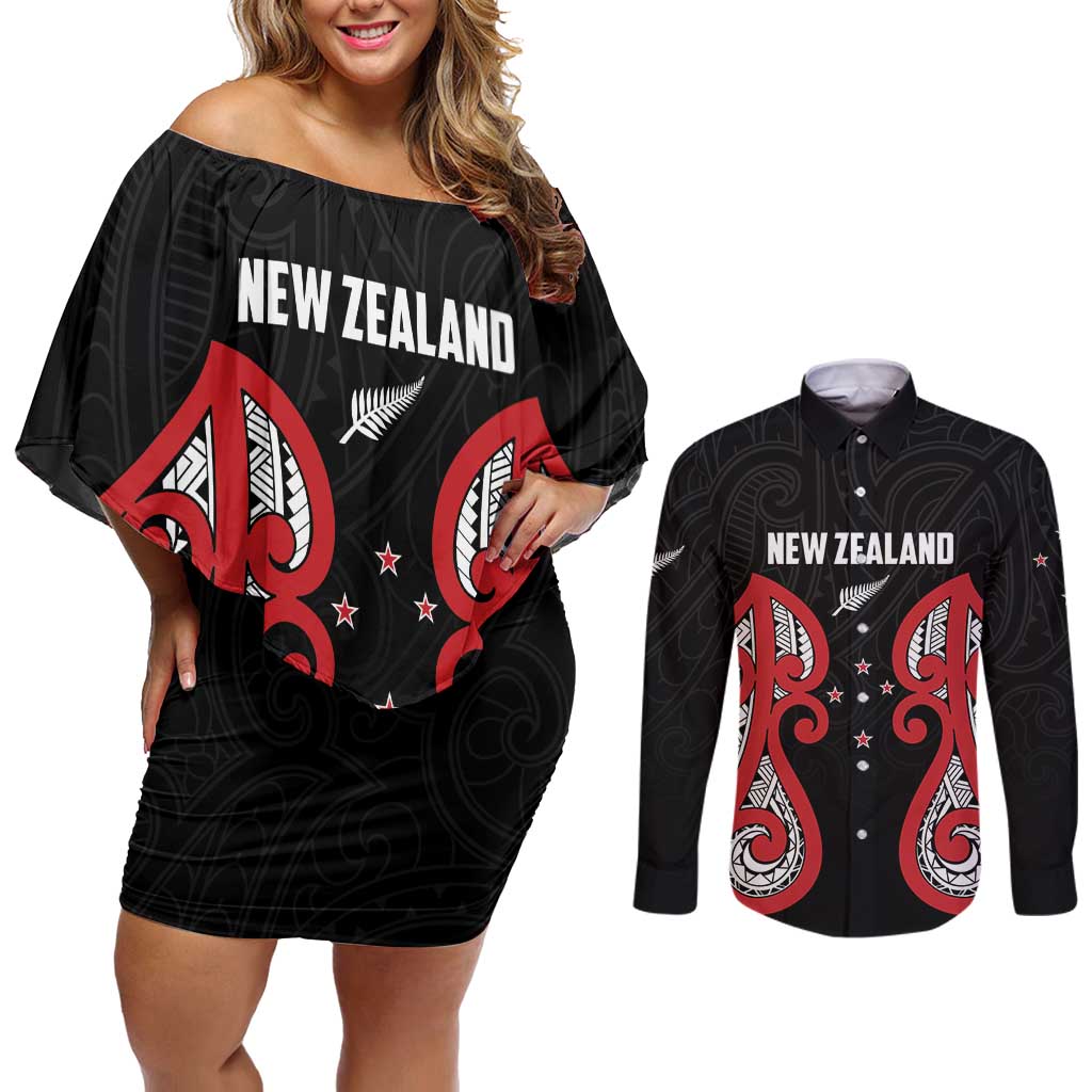 Custom Rugby New Zealand Couples Matching Off Shoulder Short Dress and Long Sleeve Button Shirt Baby Black Go Champions