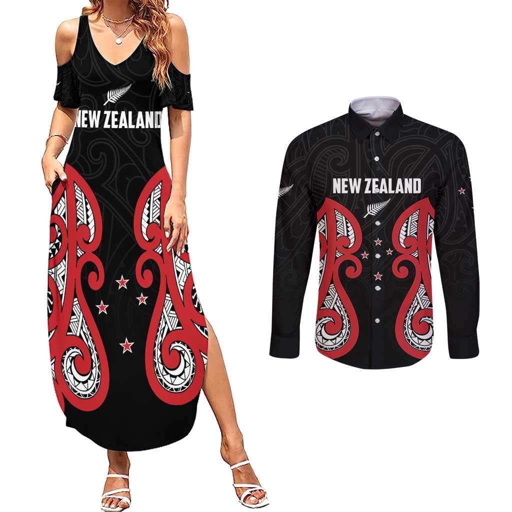 Custom Rugby New Zealand Couples Matching Summer Maxi Dress and Long Sleeve Button Shirt Baby Black Go Champions