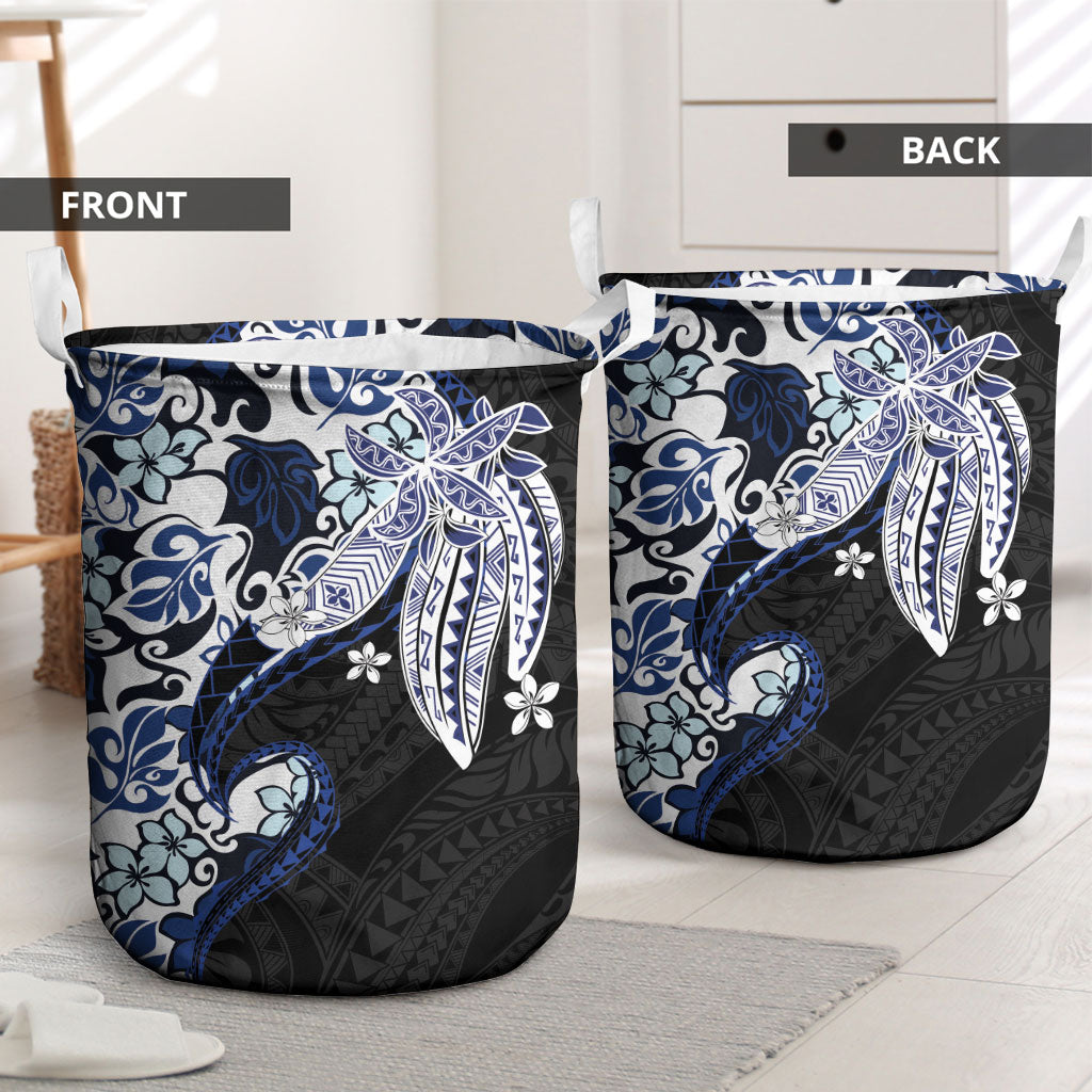 Monstera Plumeria Flowers Blue Laundry Basket Polynesian Pattern