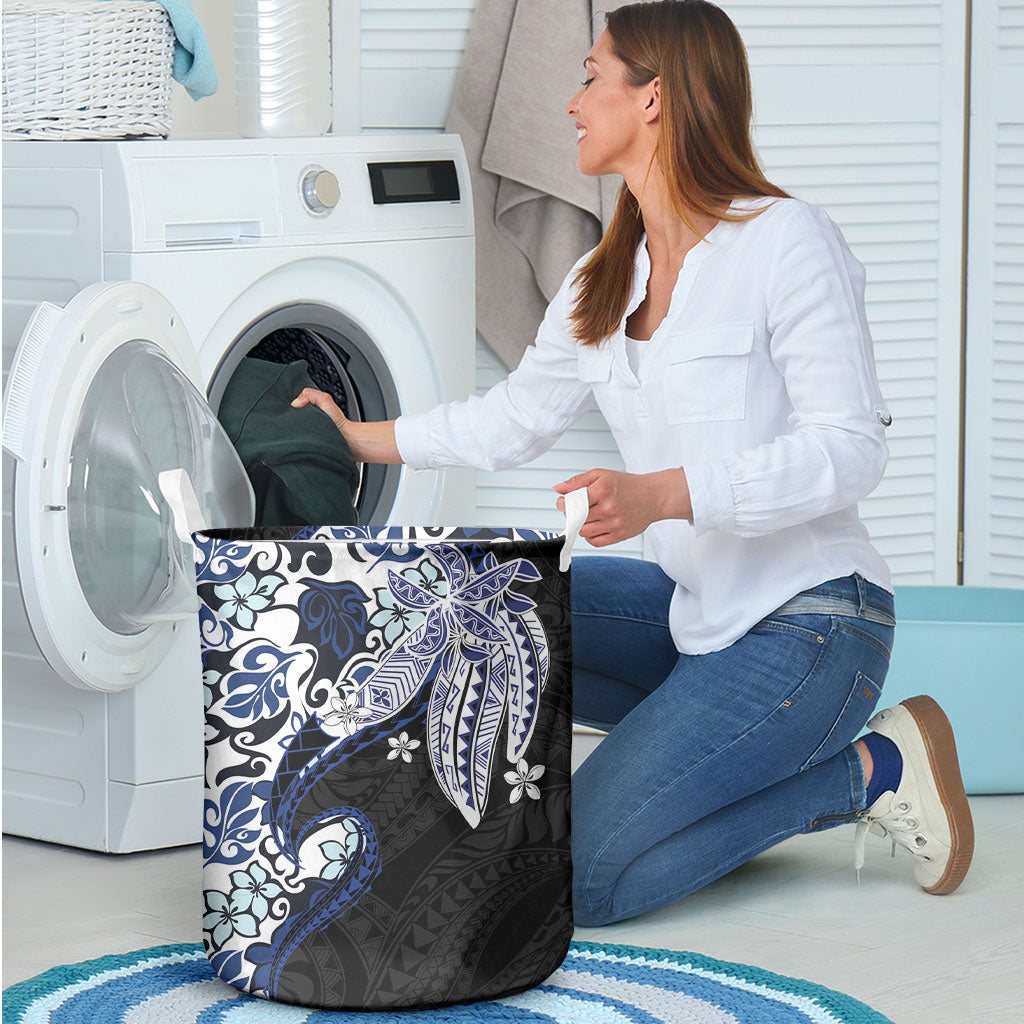 Monstera Plumeria Flowers Blue Laundry Basket Polynesian Pattern