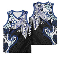 Monstera Plumeria Flowers Blue Basketball Jersey Polynesian Pattern