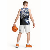 Monstera Plumeria Flowers Blue Basketball Jersey Polynesian Pattern