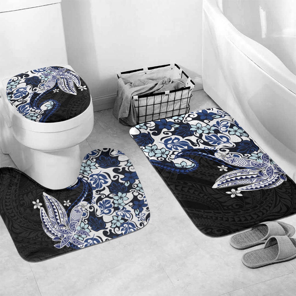 Monstera Plumeria Flowers Blue Bathroom Set Polynesian Pattern