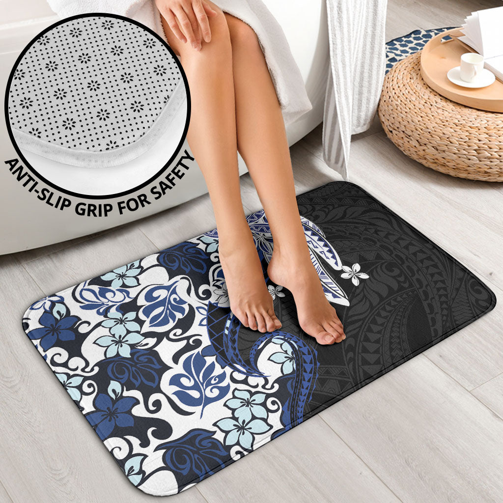 Monstera Plumeria Flowers Blue Bathroom Set Polynesian Pattern