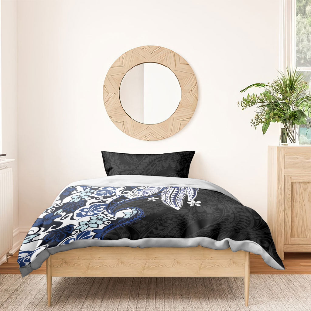 Monstera Plumeria Flowers Blue Bedding Set Polynesian Pattern