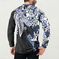 Monstera Plumeria Flowers Blue Button Sweatshirt Polynesian Pattern