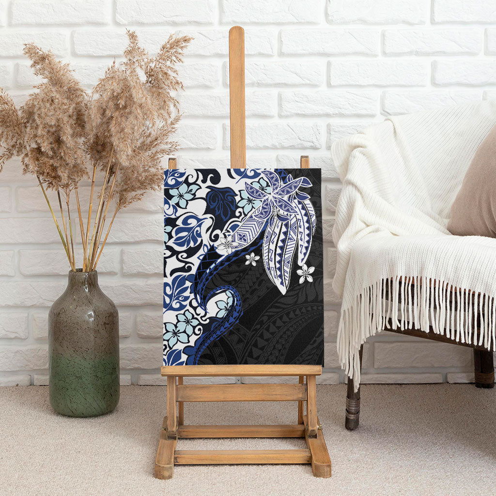 Monstera Plumeria Flowers Blue Canvas Wall Art Polynesian Pattern