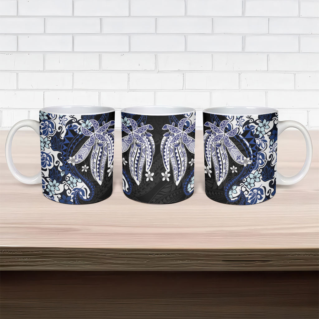Monstera Plumeria Flowers Blue Ceramic Mug Polynesian Pattern