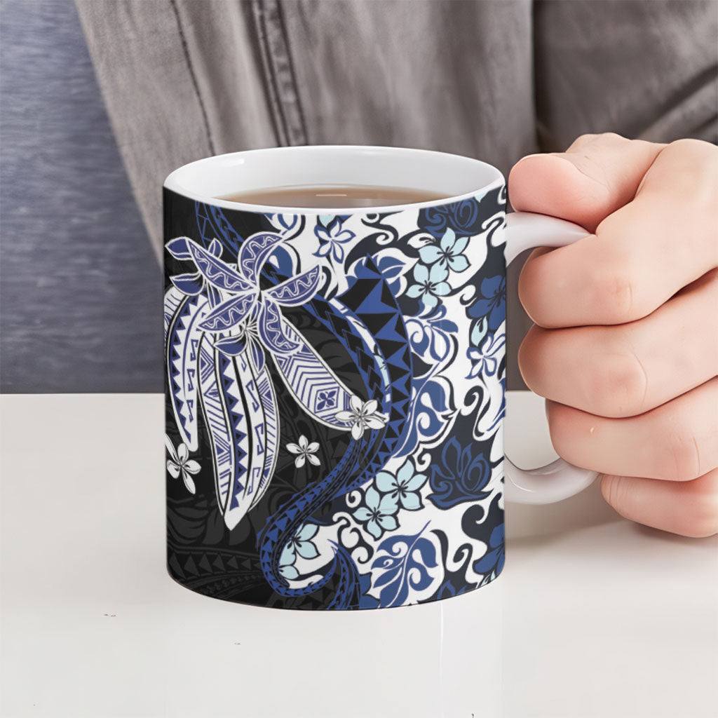 Monstera Plumeria Flowers Blue Ceramic Mug Polynesian Pattern