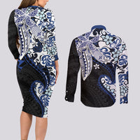 Monstera Plumeria Flowers Blue Couples Matching Long Sleeve Bodycon Dress and Long Sleeve Button Shirt Polynesian Pattern