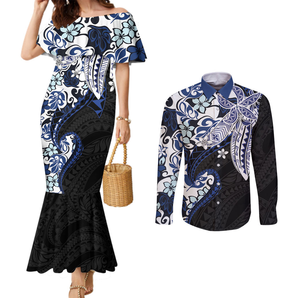 Monstera Plumeria Flowers Blue Couples Matching Mermaid Dress and Long Sleeve Button Shirt Polynesian Pattern