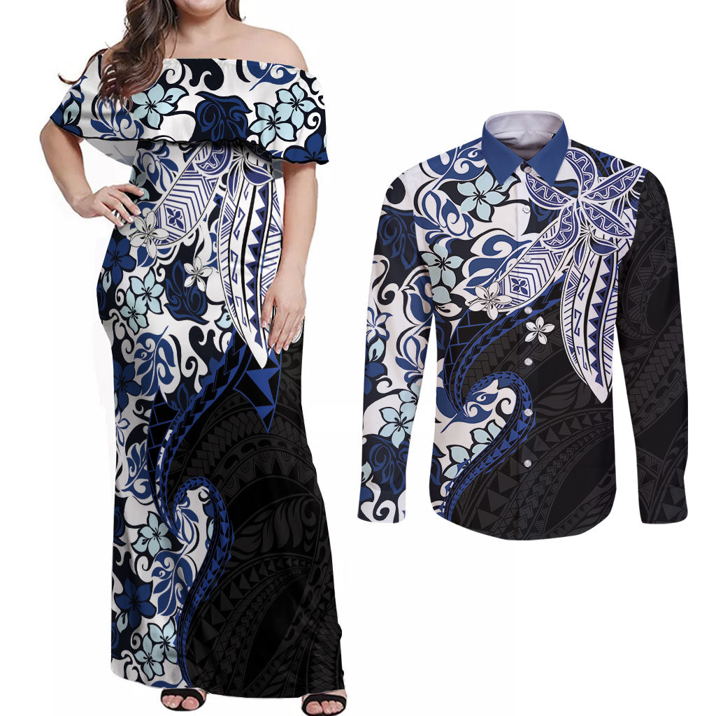 Monstera Plumeria Flowers Blue Couples Matching Off Shoulder Maxi Dress and Long Sleeve Button Shirt Polynesian Pattern