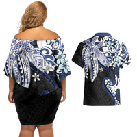 Monstera Plumeria Flowers Blue Couples Matching Off Shoulder Short Dress and Hawaiian Shirt Polynesian Pattern