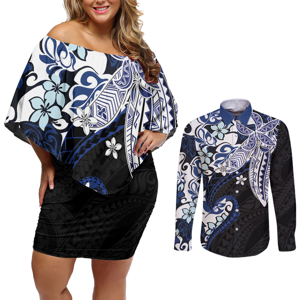 Monstera Plumeria Flowers Blue Couples Matching Off Shoulder Short Dress and Long Sleeve Button Shirt Polynesian Pattern