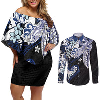 Monstera Plumeria Flowers Blue Couples Matching Off Shoulder Short Dress and Long Sleeve Button Shirt Polynesian Pattern