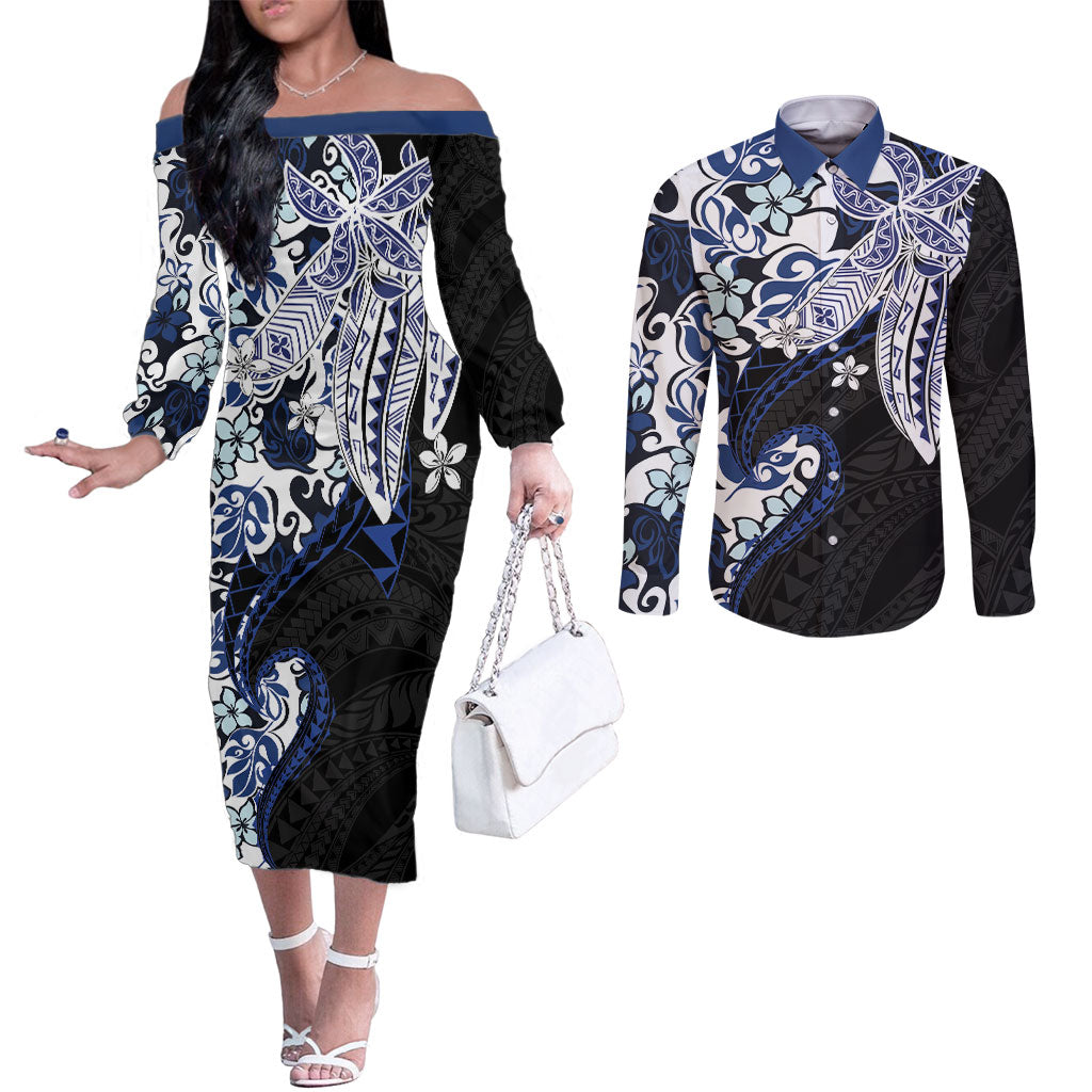Monstera Plumeria Flowers Blue Couples Matching Off The Shoulder Long Sleeve Dress and Long Sleeve Button Shirt Polynesian Pattern