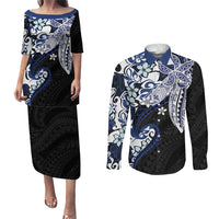 Monstera Plumeria Flowers Blue Couples Matching Puletasi and Long Sleeve Button Shirt Polynesian Pattern