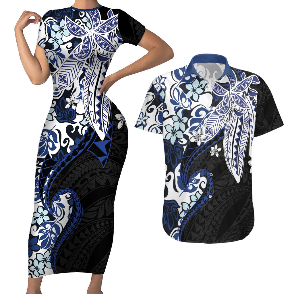 Monstera Plumeria Flowers Blue Couples Matching Short Sleeve Bodycon Dress and Hawaiian Shirt Polynesian Pattern