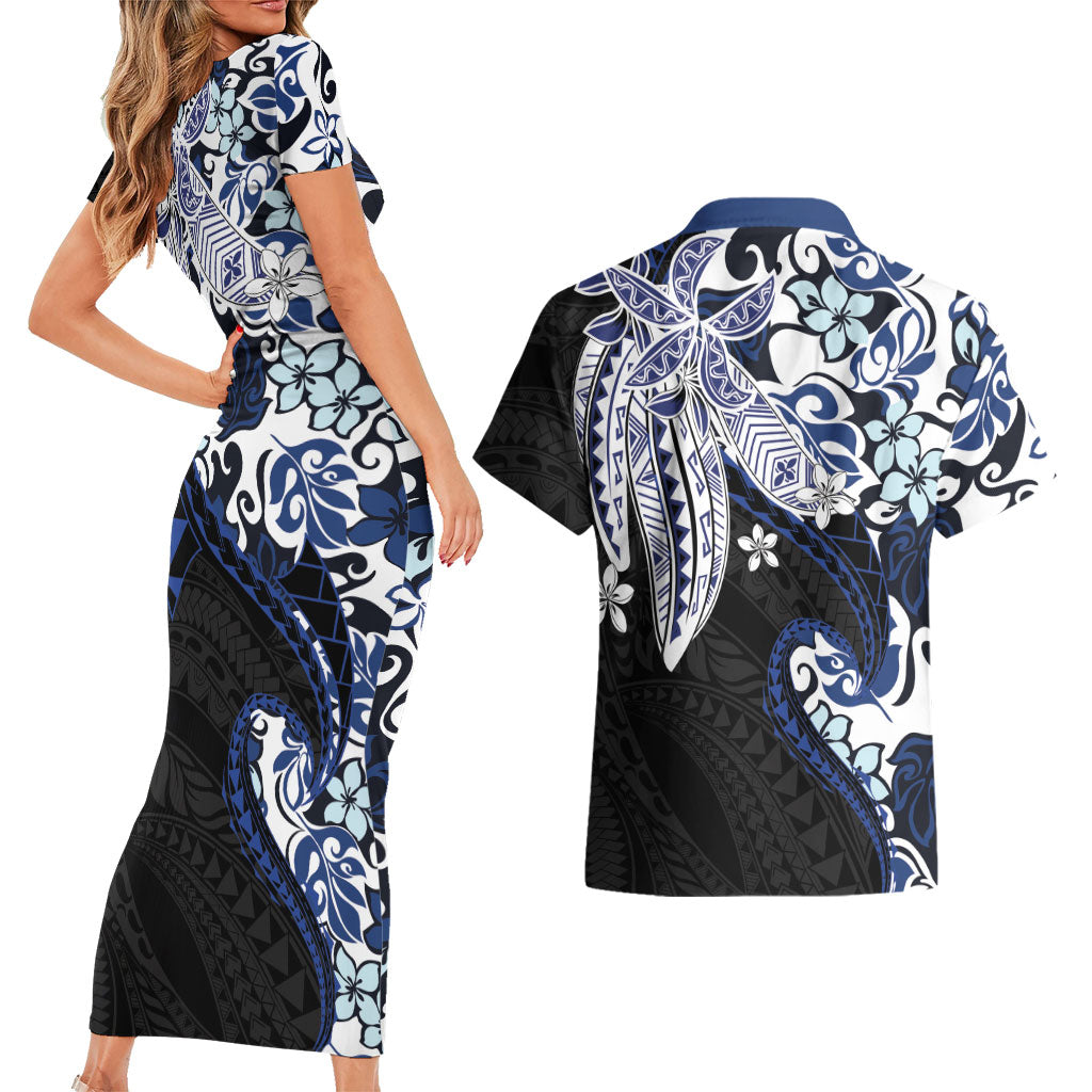 Monstera Plumeria Flowers Blue Couples Matching Short Sleeve Bodycon Dress and Hawaiian Shirt Polynesian Pattern
