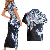 Monstera Plumeria Flowers Blue Couples Matching Short Sleeve Bodycon Dress and Hawaiian Shirt Polynesian Pattern