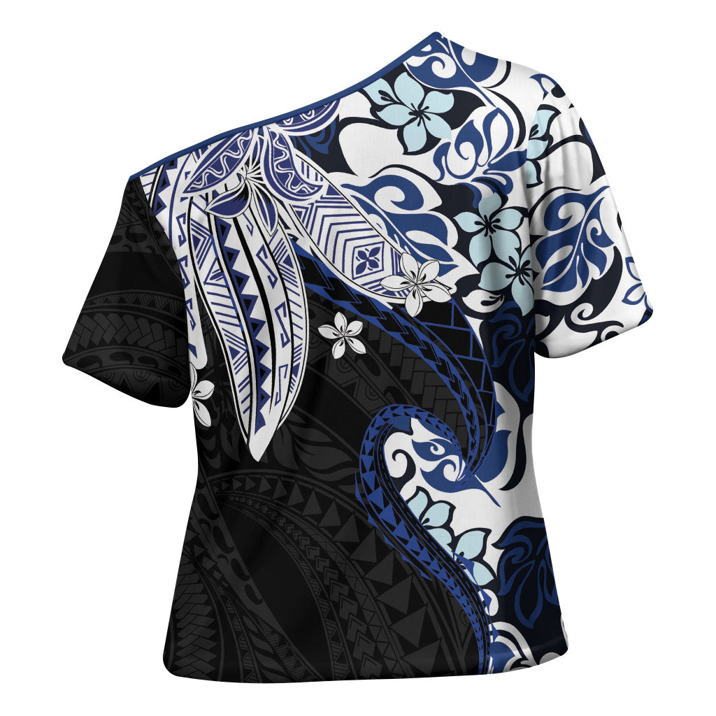 Monstera Plumeria Flowers Blue Cross Shoulder Shirt Polynesian Pattern