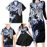 Monstera Plumeria Flowers Blue Family Matching Long Sleeve Bodycon Dress and Hawaiian Shirt Polynesian Pattern LT01 - Polynesian Pride