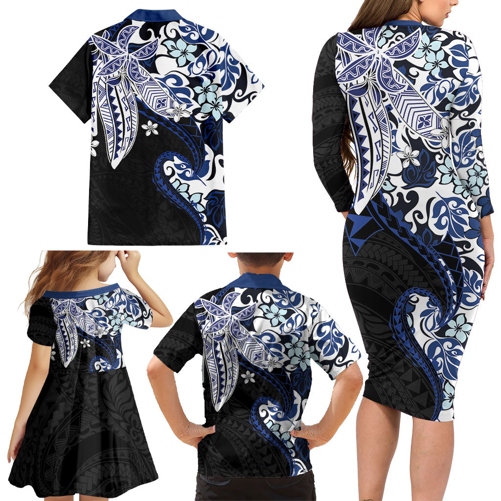 Monstera Plumeria Flowers Blue Family Matching Long Sleeve Bodycon Dress and Hawaiian Shirt Polynesian Pattern LT01 - Polynesian Pride