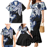 Monstera Plumeria Flowers Blue Family Matching Mermaid Dress and Hawaiian Shirt Polynesian Pattern