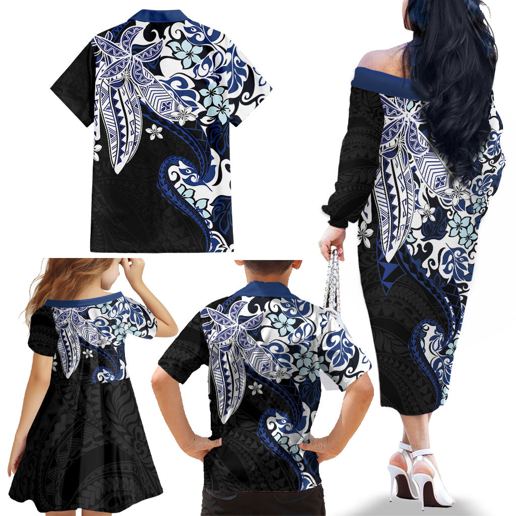 Monstera Plumeria Flowers Blue Family Matching Off The Shoulder Long Sleeve Dress and Hawaiian Shirt Polynesian Pattern LT01 - Polynesian Pride