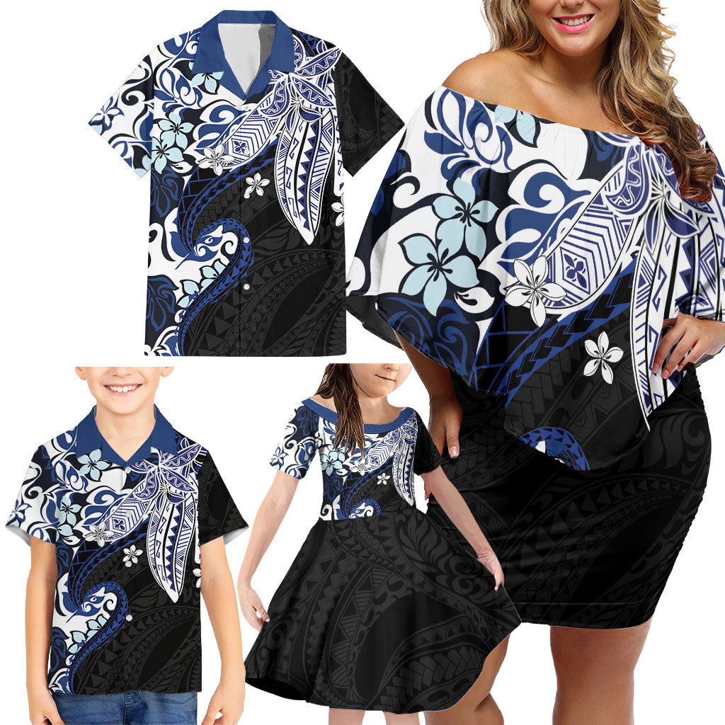 Monstera Plumeria Flowers Blue Family Matching Off Shoulder Short Dress and Hawaiian Shirt Polynesian Pattern