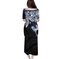 Monstera Plumeria Flowers Blue Family Matching Puletasi and Hawaiian Shirt Polynesian Pattern