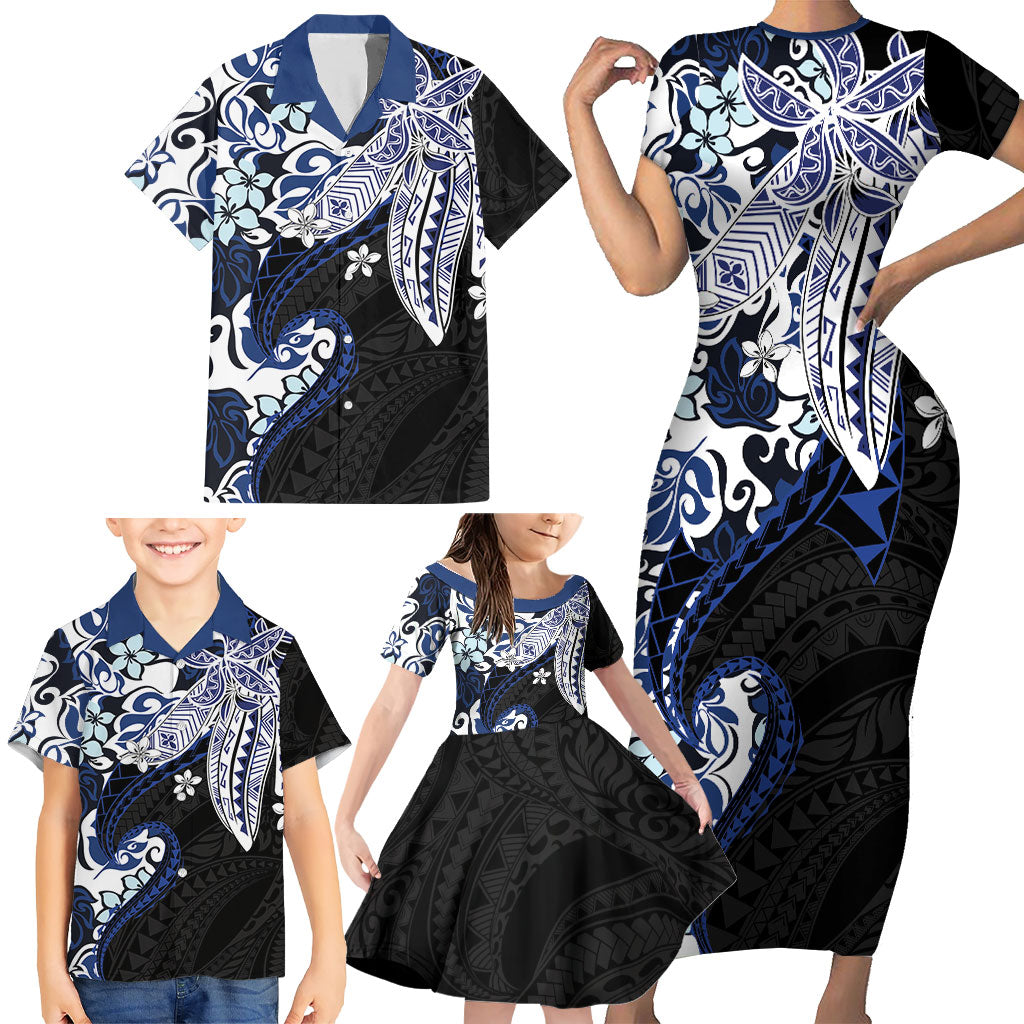 Monstera Plumeria Flowers Blue Family Matching Short Sleeve Bodycon Dress and Hawaiian Shirt Polynesian Pattern LT01 - Polynesian Pride