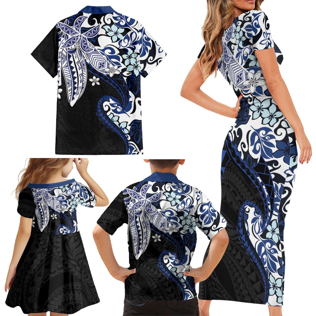 Monstera Plumeria Flowers Blue Family Matching Short Sleeve Bodycon Dress and Hawaiian Shirt Polynesian Pattern LT01 - Polynesian Pride