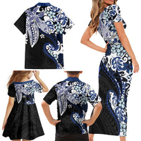 Monstera Plumeria Flowers Blue Family Matching Short Sleeve Bodycon Dress and Hawaiian Shirt Polynesian Pattern LT01 - Polynesian Pride