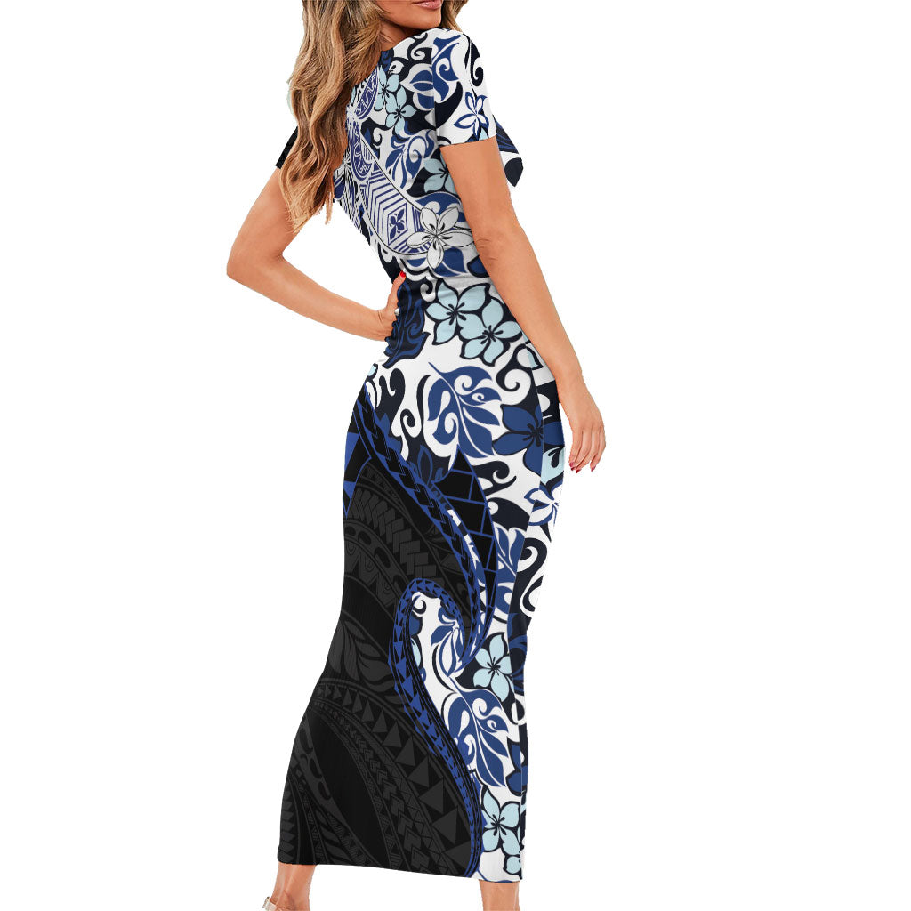 Monstera Plumeria Flowers Blue Family Matching Short Sleeve Bodycon Dress and Hawaiian Shirt Polynesian Pattern LT01 - Polynesian Pride