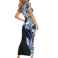 Monstera Plumeria Flowers Blue Family Matching Short Sleeve Bodycon Dress and Hawaiian Shirt Polynesian Pattern LT01 - Polynesian Pride